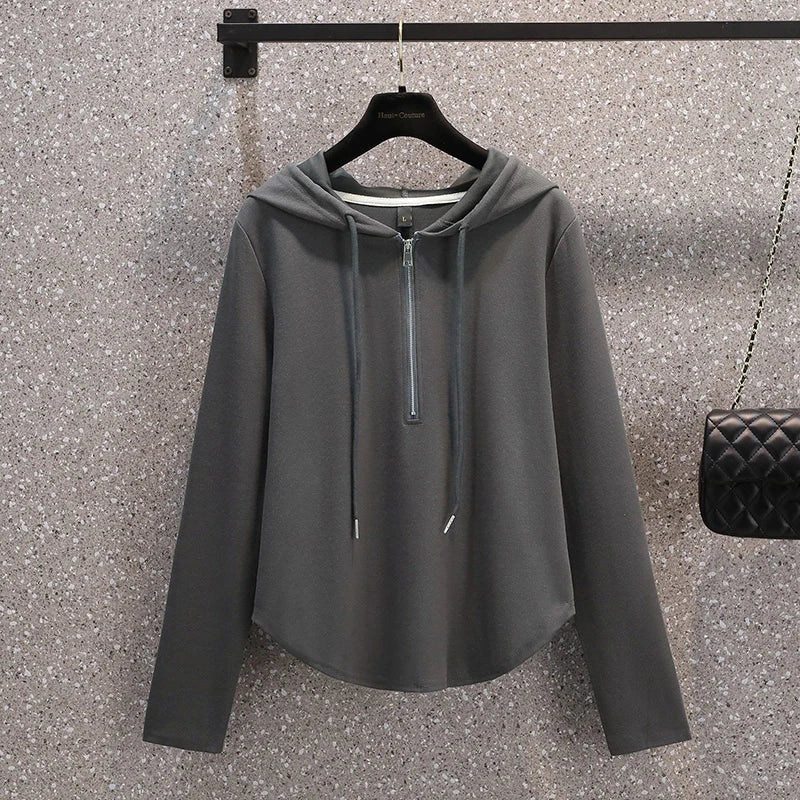 Women's Hooded Sweatshirts Korean Style Solid Color Half Zipper Drawstring Casual All-Matched Hoodies Streetwear for 18-24Y