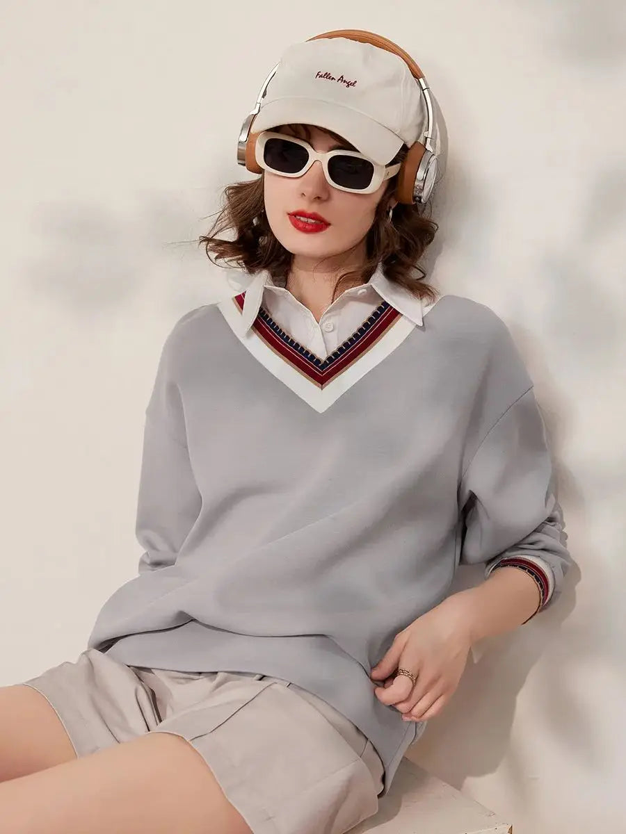 LOUIS YAO 2024 Spring Women Sweatshirt Fake Two Pieces Casual Turn Down Collar Long Sleeve Loose Fit Pullover Women's Top