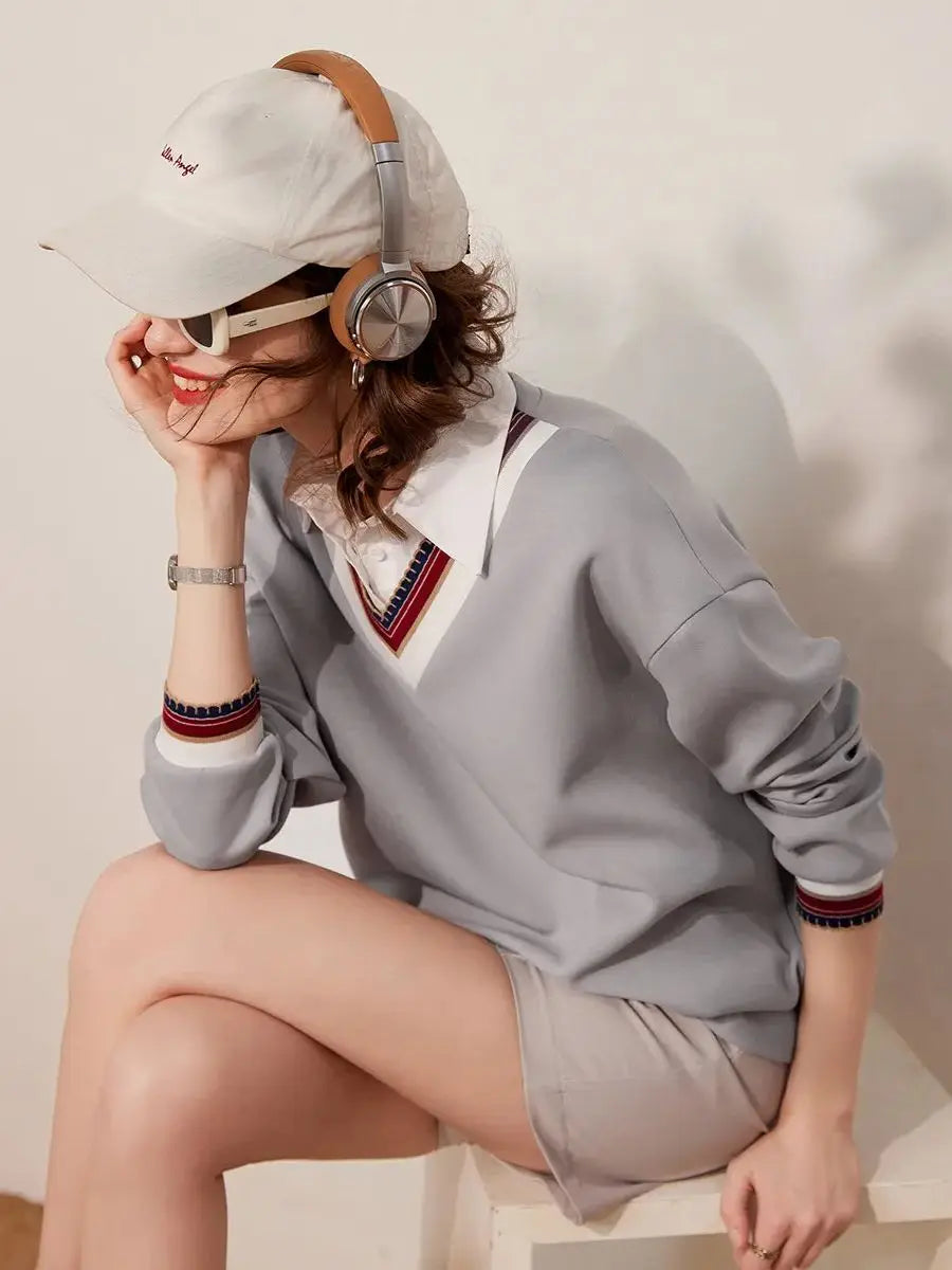 LOUIS YAO 2024 Spring Women Sweatshirt Fake Two Pieces Casual Turn Down Collar Long Sleeve Loose Fit Pullover Women's Top