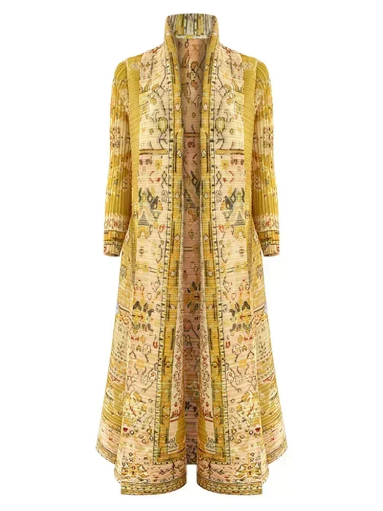 ALSEY Miyake Pleated  Turn-down Collar Long Sleeve Long Jacket Women 2024 New Vintage Printed Design Plus Size Coats Clothing