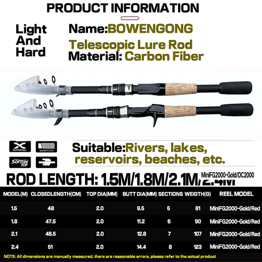 Casting Fishing Rods Combo Telescopic Rod and 19+1BB Baitcasting Reel Travel 1.5m-2.4m for 8-25g Lure Carbon Trout Fishing Set