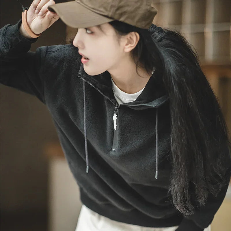 Maden Autumn and Winter Thickened Warm Hooded Sweatshirt for Women Double-sided Polar Fleece Soft and Comfortable Outerwear Tops