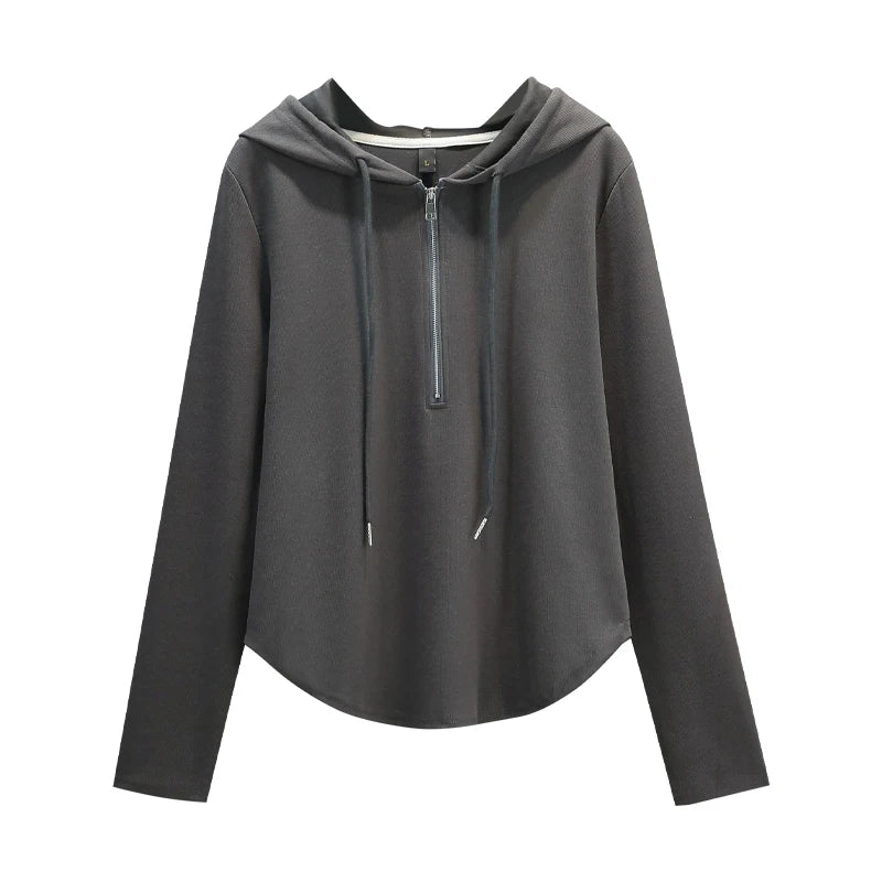 Women's Hooded Sweatshirts Korean Style Solid Color Half Zipper Drawstring Casual All-Matched Hoodies Streetwear for 18-24Y