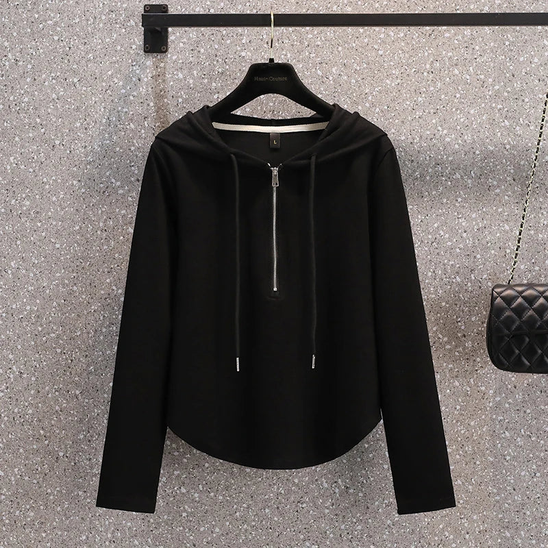 Women's Hooded Sweatshirts Korean Style Solid Color Half Zipper Drawstring Casual All-Matched Hoodies Streetwear for 18-24Y