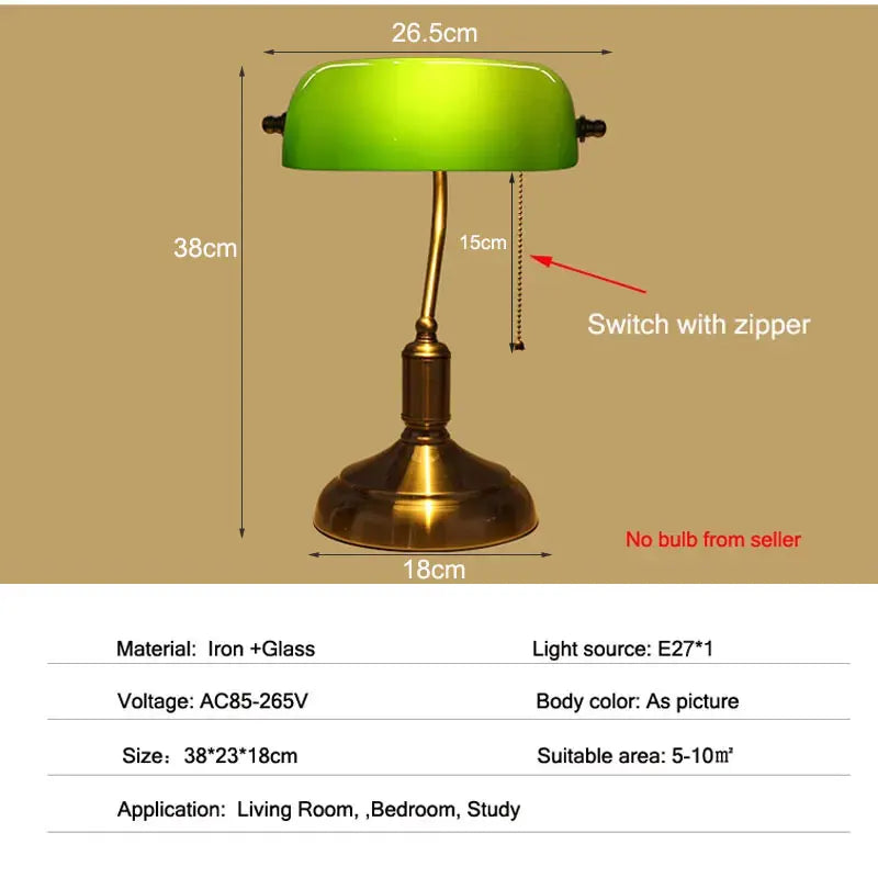 Bank Table Lamp European Style Glass Lamp Retro Office Desk Lamp Antique Copper Living Room Bedroom Decorative Bedside Desk Lamp