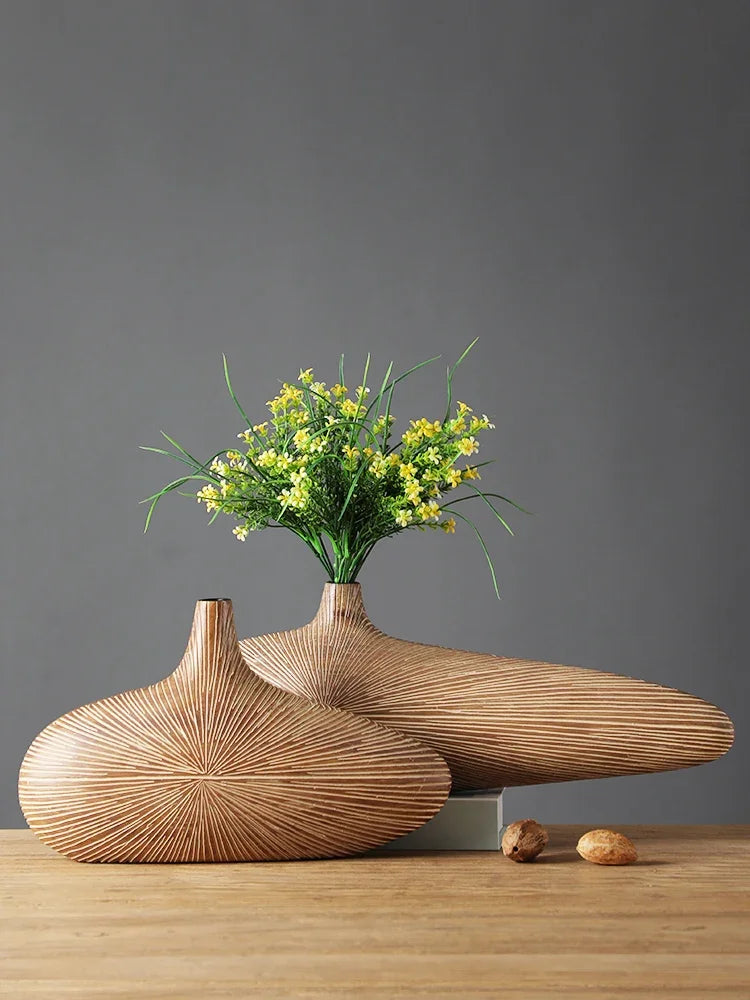 Modern Line Stripe Resin Vase Flower Arrangement Dried Flower Imitation Wood Vase Bookcase Desktop Decoration Crafts Furnishings
