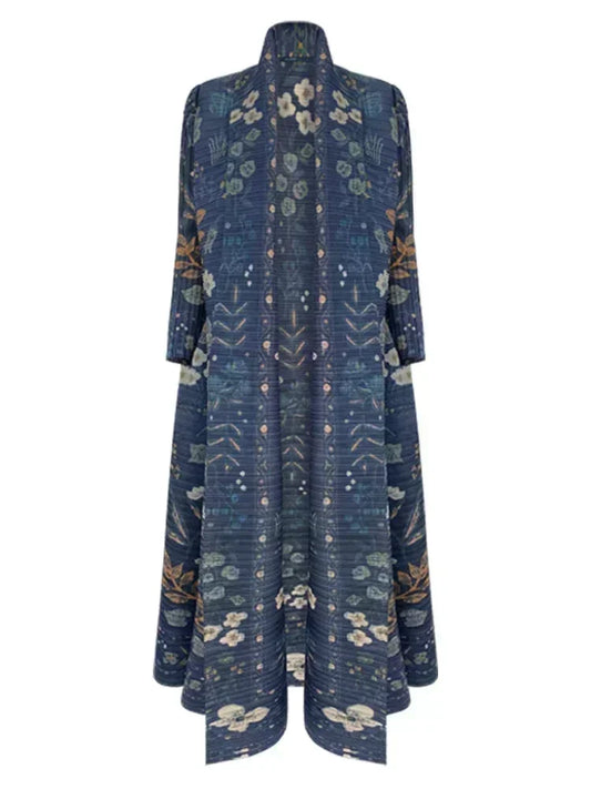 ALSEY Miyake Pleated  Turn-down Collar Long Sleeve Long Jacket Women 2024 New Vintage Printed Design Plus Size Coats Clothing