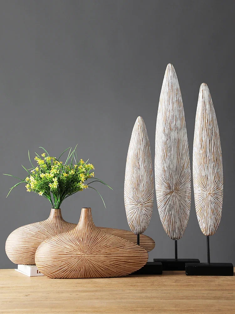 Modern Line Stripe Resin Vase Flower Arrangement Dried Flower Imitation Wood Vase Bookcase Desktop Decoration Crafts Furnishings