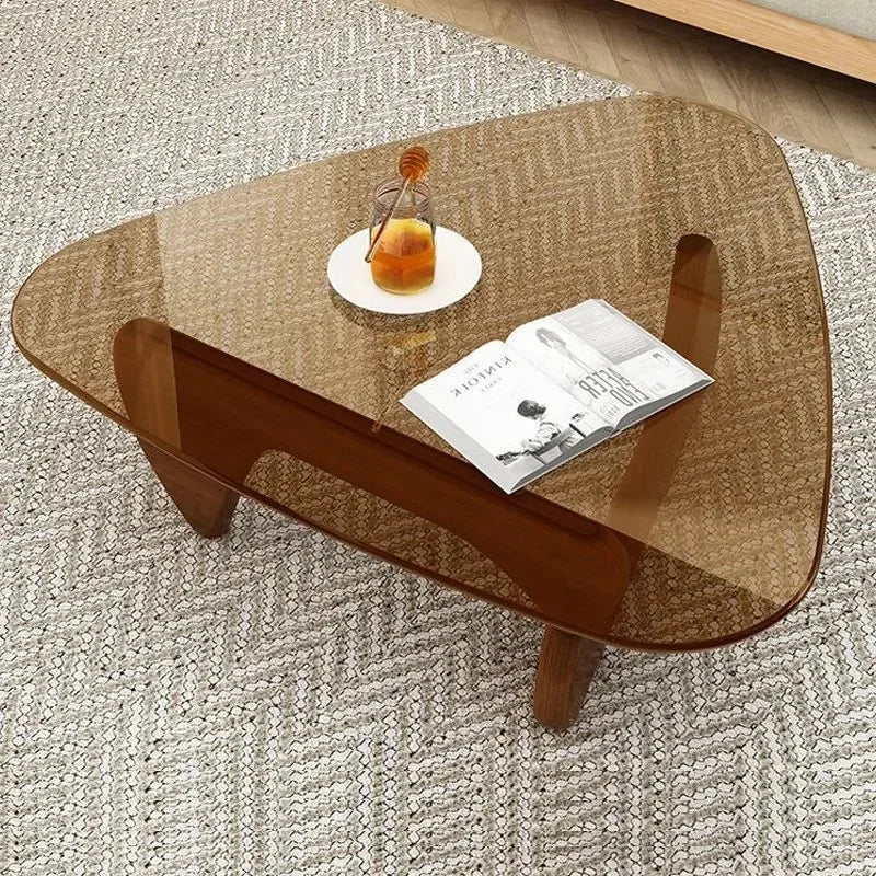 Triangle Coffee Table Modern Coffee Table Wood Base Glass top,Glass Coffee Table,Oval Small Center Table For Living Room
