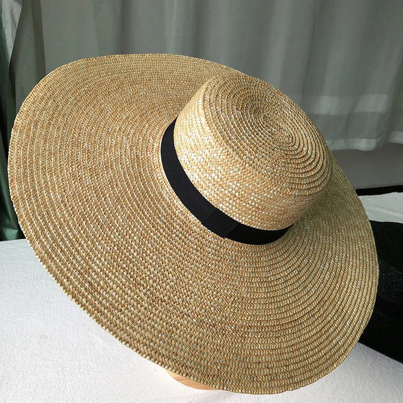 New Wide Brim Boater Hat 15cm Wide Brim Straw Hat Flat Women Summer Kentucky Derby Hat White Black Ribbon Tie Sun Hat Beach Cap