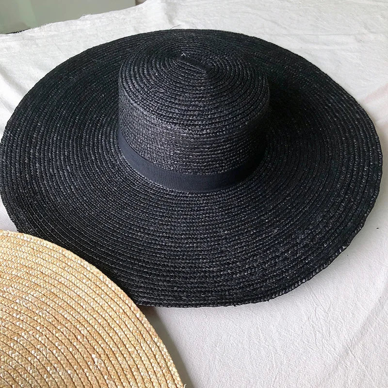 New Wide Brim Boater Hat 15cm Wide Brim Straw Hat Flat Women Summer Kentucky Derby Hat White Black Ribbon Tie Sun Hat Beach Cap