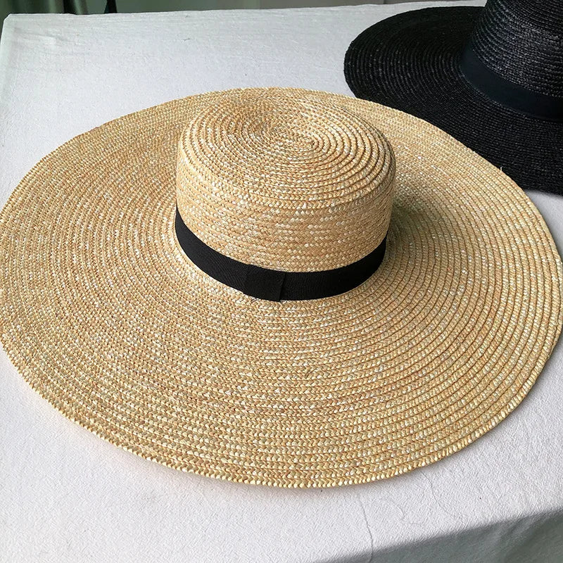 New Wide Brim Boater Hat 15cm Wide Brim Straw Hat Flat Women Summer Kentucky Derby Hat White Black Ribbon Tie Sun Hat Beach Cap