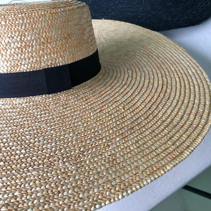 New Wide Brim Boater Hat 15cm Wide Brim Straw Hat Flat Women Summer Kentucky Derby Hat White Black Ribbon Tie Sun Hat Beach Cap