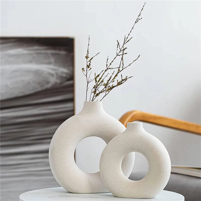 Nordic Vase Circular Hollow Ceramic Donuts Flower Pot Home Living Room Decoration Accessories Interior Office Desktop Decor Gift