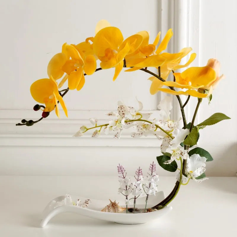 Butterfly Orchid Artificial Flowers Set Fake Flower Ceramic Vase Ornament Phalaenopsis Figurine Home Furnishing Decoration Craft