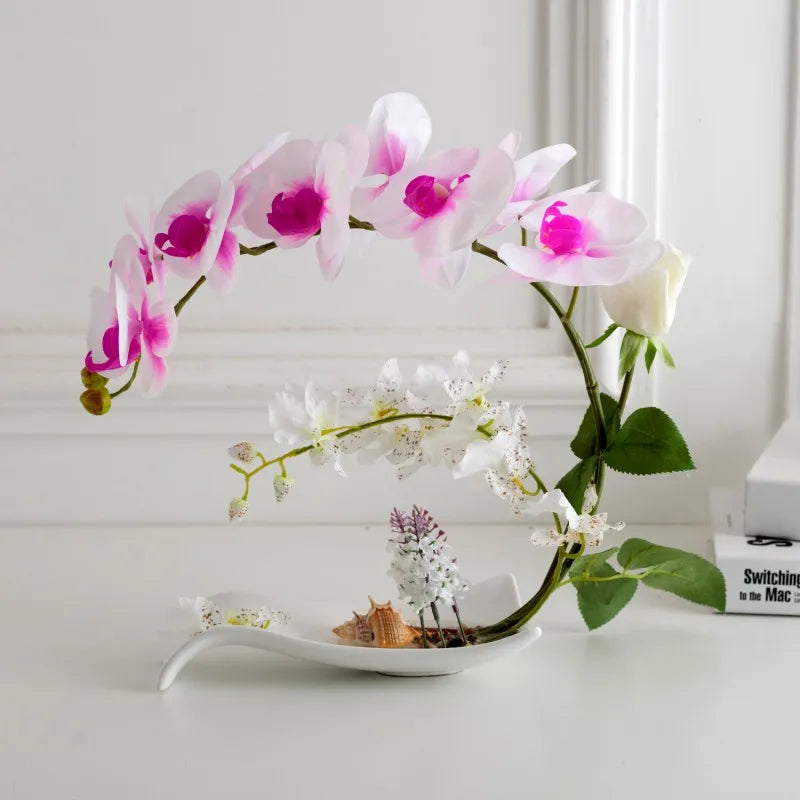 Butterfly Orchid Artificial Flowers Set Fake Flower Ceramic Vase Ornament Phalaenopsis Figurine Home Furnishing Decoration Craft