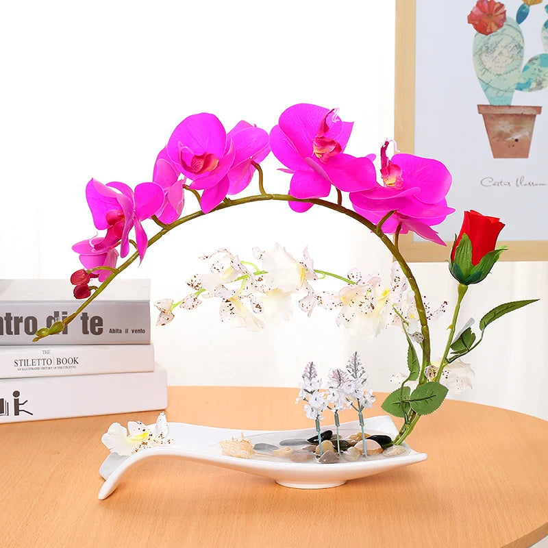 Butterfly Orchid Artificial Flowers Set Fake Flower Ceramic Vase Ornament Phalaenopsis Figurine Home Furnishing Decoration Craft