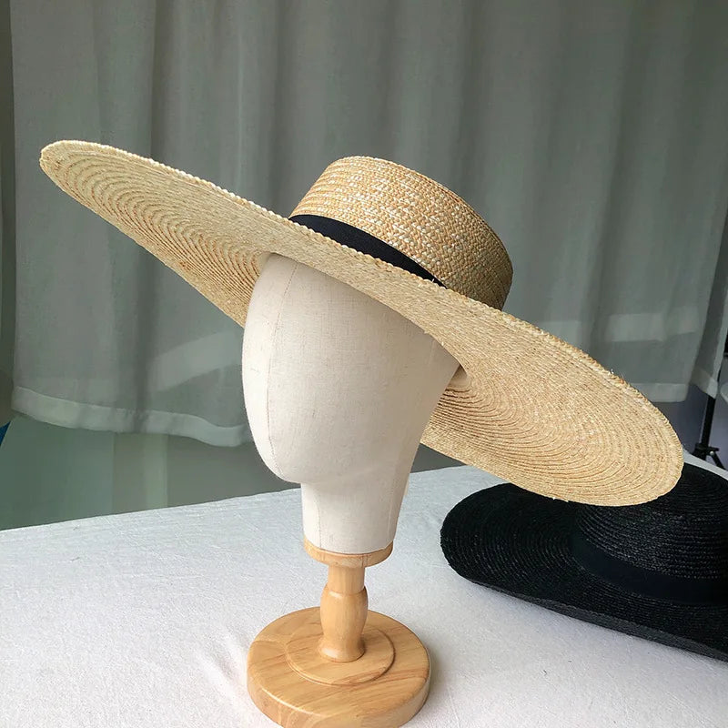 New Wide Brim Boater Hat 15cm Wide Brim Straw Hat Flat Women Summer Kentucky Derby Hat White Black Ribbon Tie Sun Hat Beach Cap