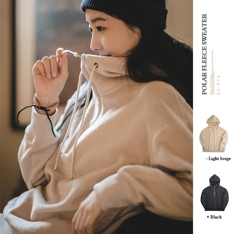 Maden Autumn and Winter Thickened Warm Hooded Sweatshirt for Women Double-sided Polar Fleece Soft and Comfortable Outerwear Tops