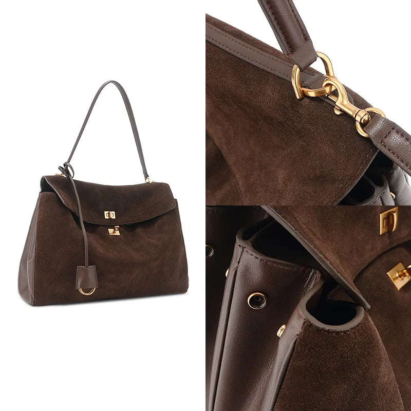 Autumn and Winter Suede Spliced Cowhide B Home Kelly Bag Buckle Handheld Underarm Commuter Single Shoulder Tote Bag