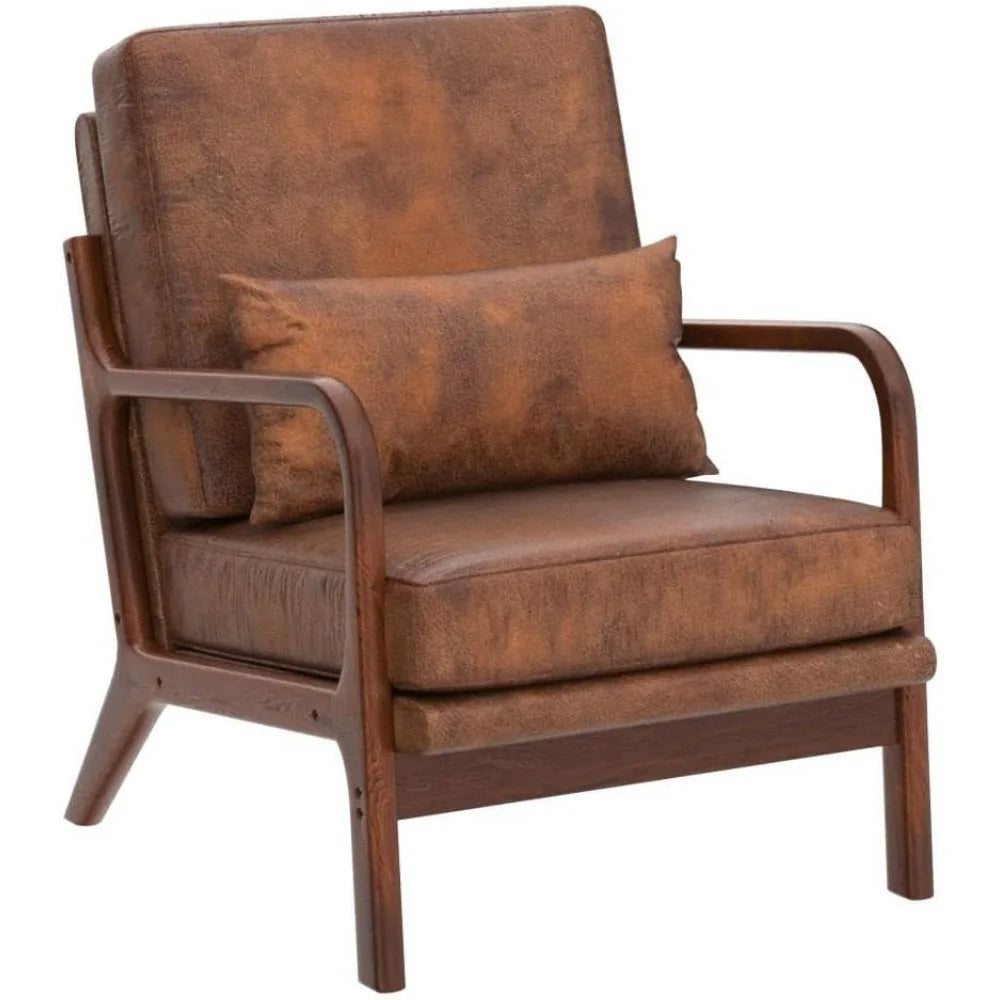 Mid Century Modern Accent Chair Set of 2 Living Room- Comfy Solid Wood Arm Chair with Lumber Pillow Lounge Decorative Brown