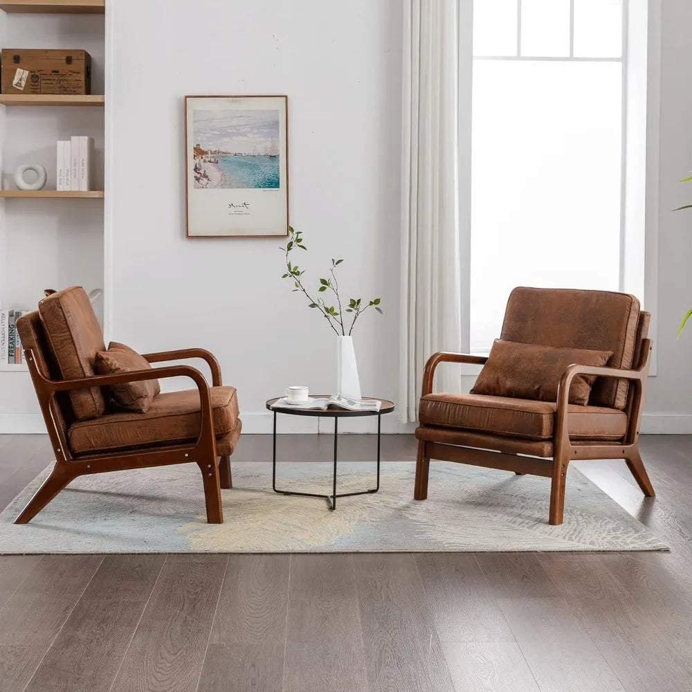 Mid Century Modern Accent Chair Set of 2 Living Room- Comfy Solid Wood Arm Chair with Lumber Pillow Lounge Decorative Brown