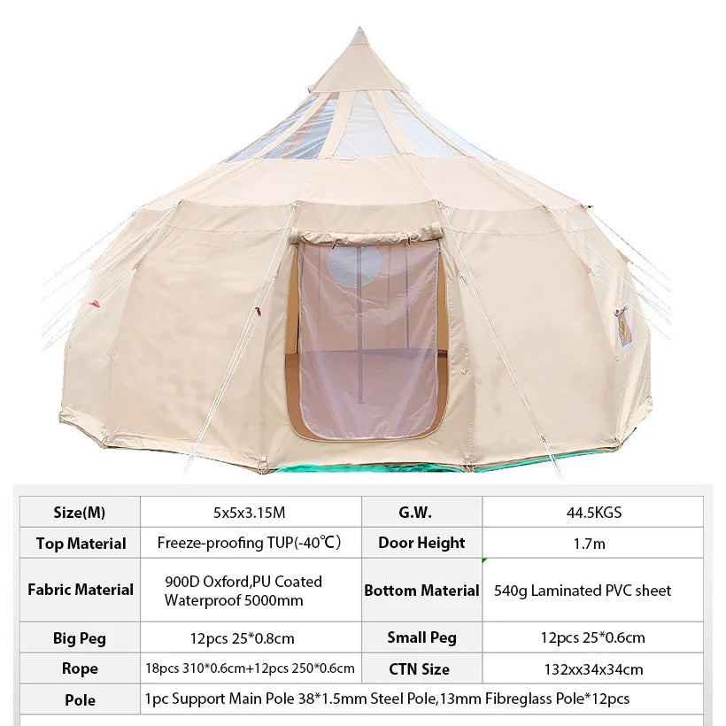 Family outdoor water drop camping tents luxury hotel 5m cotton Khaki fabric canvas dome tent