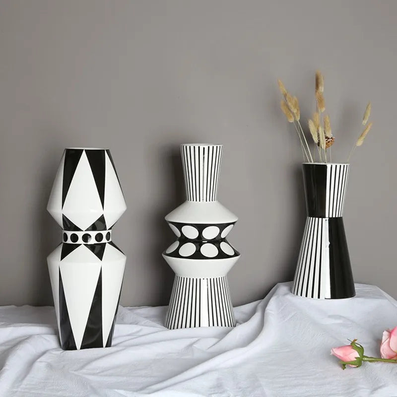 Ceramic Vase Scandinavian Geometric Vase Black and White Striped Bottle Modern Home Decoration Living Room Table Countertop Vase