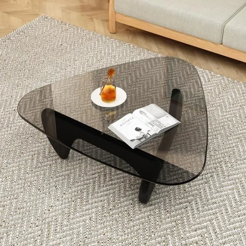 19mm Thick Modern Tempered Coffee Glass Table Vintage End Table Solid Wood Base and Triangle Clear Glass Table for Living Room