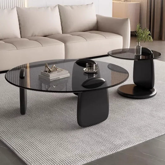 Black Glass Round Table Creative, Living Room Dining Table Easy Clean, Multi Size Coffee Table Set, Side Table Office Cafe Home