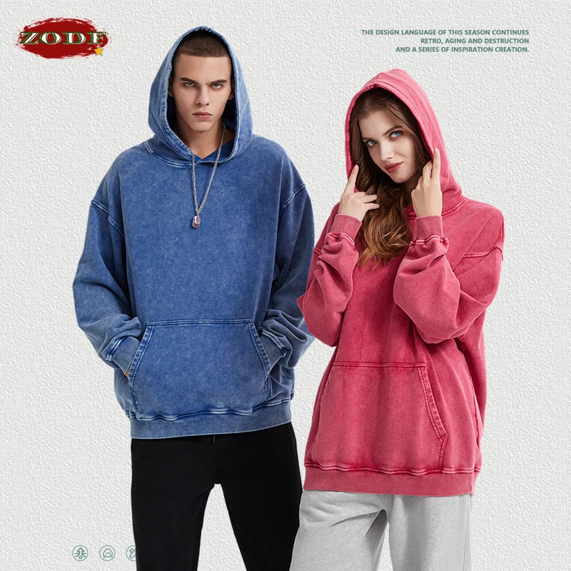 ZODF 2023 Autumn Winter Men 420gsm Hoodies Streetwears High Street Heavy Weight Washed Cotton Sweatshirts Brand Tracksuit HY0307