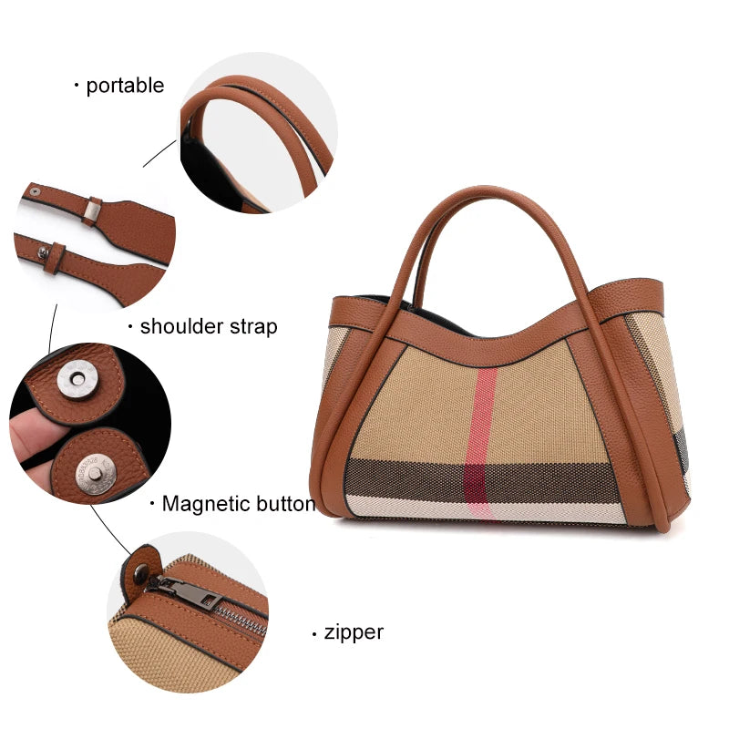 2024 New Retro Checkered Women's Handbag Fashionable and Advanced Large Capacity Canvas with Cowhide Mother and Child Bag