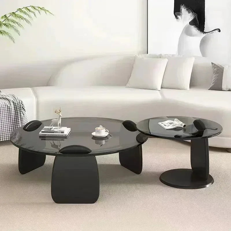 Black Glass Round Table Creative, Living Room Dining Table Easy Clean, Multi Size Coffee Table Set, Side Table Office Cafe Home