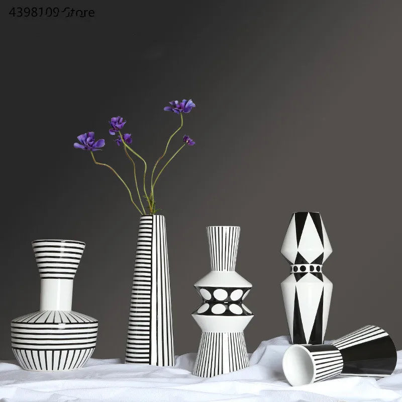 Ceramic Vase Scandinavian Geometric Vase Black and White Striped Bottle Modern Home Decoration Living Room Table Countertop Vase