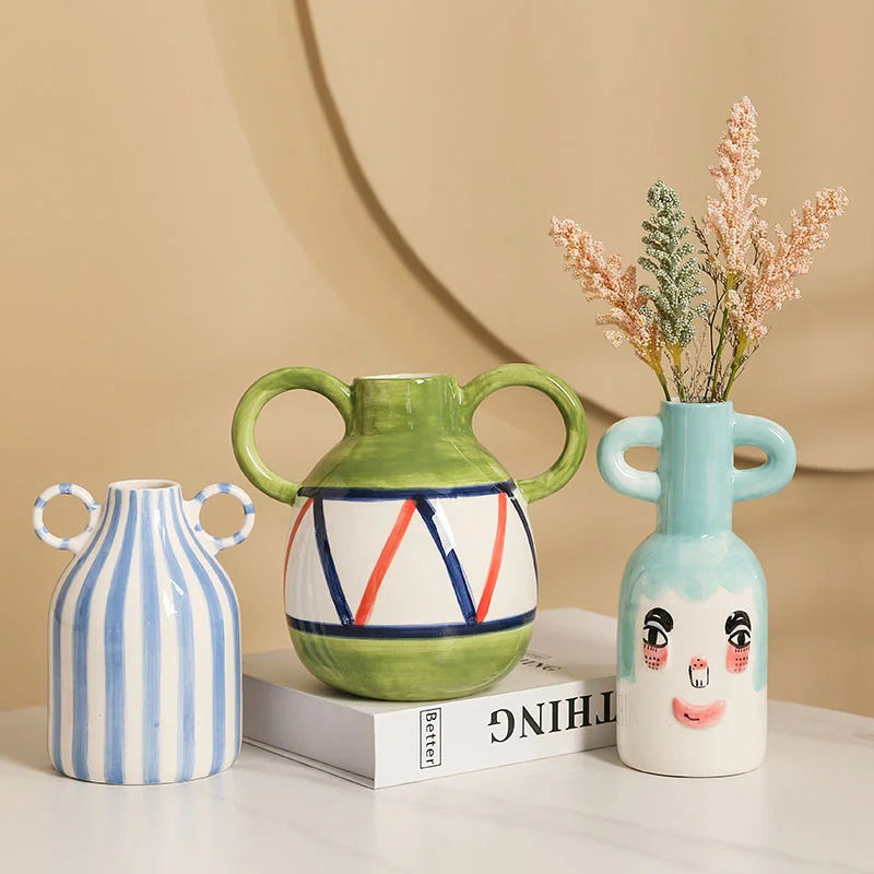 Fun Hand-painted Ceramic Flower Vase With Two Ears Living Room Decoration Accessories Decoración Hogar Home Decor Table Vases