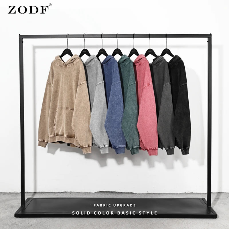 ZODF 2023 Autumn Winter Men 420gsm Hoodies Streetwears High Street Heavy Weight Washed Cotton Sweatshirts Brand Tracksuit HY0307