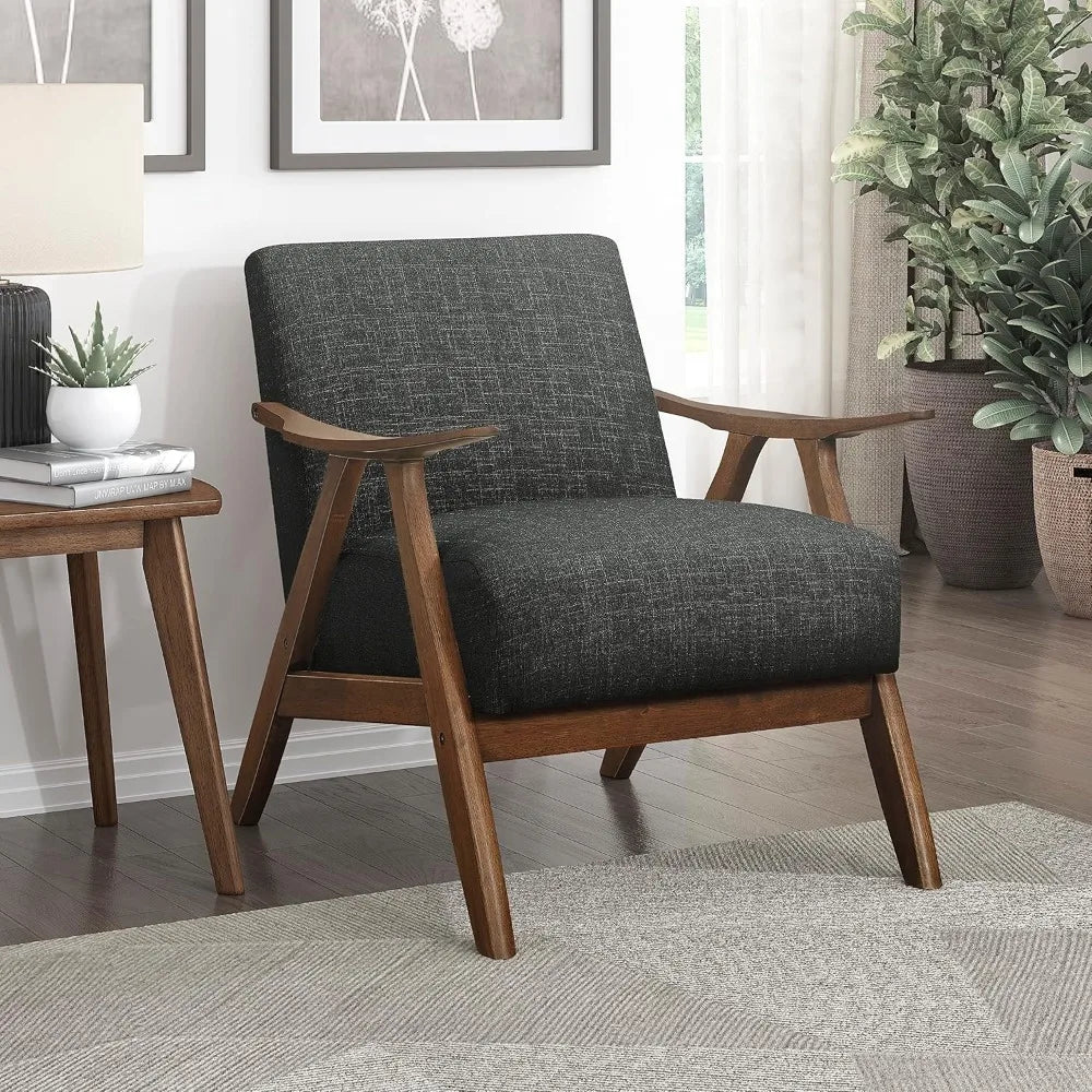 Mid Century Modern Accent Chair with Solid Wood Frame in Walnut Finish, Upholstered Living Room Lounge Arm Chair