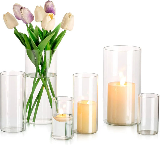 3/6/9 Glass Cylinder Vase Set of 6, Hurricane Vase for Flowers, Glass Cylinder Candle Holder for Pillar Candles, Floating Candle