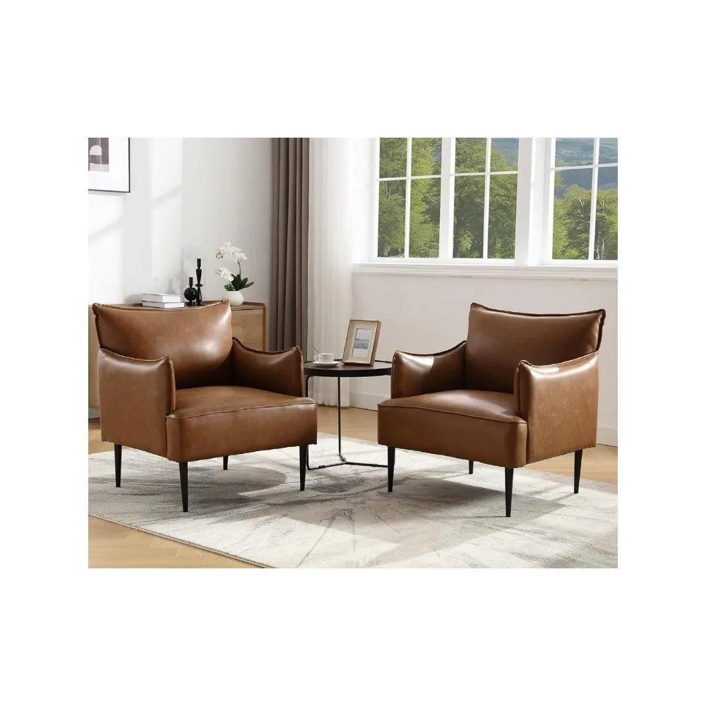 Brown Leather Accent Chairs Set of 2, Modern Club Chairs Single Sofa for Living Room Upholstered Armchair Side Chair with Black