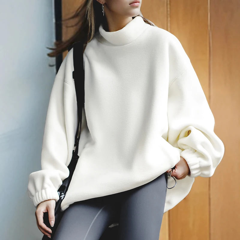 Maden Standing Collar Fleece Sweatshirt for Women Oversize Loose Warm Pullover Autumn and Winter Thick Sweater Basic Sweatshirt