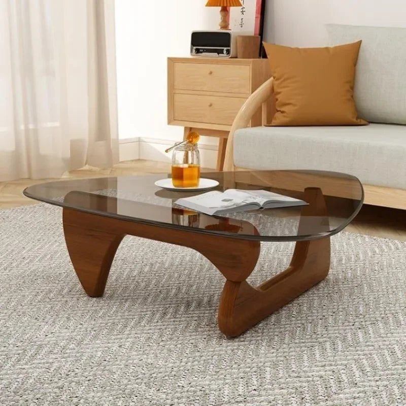 19mm Thick Modern Tempered Coffee Glass Table Vintage End Table Solid Wood Base and Triangle Clear Glass Table for Living Room