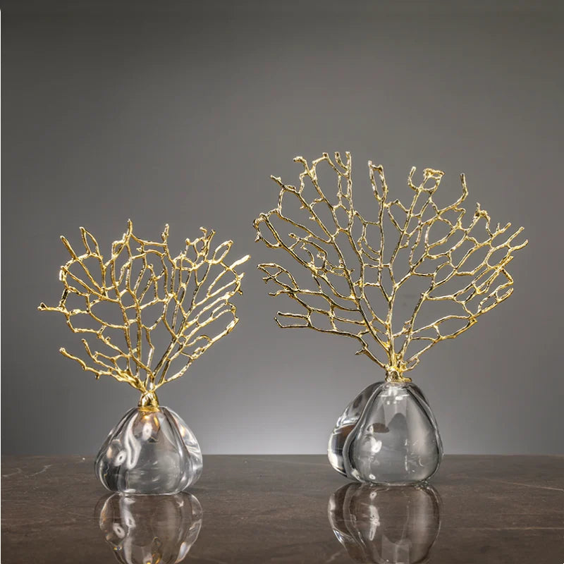 Imitation Coral Ornaments Crystal Metal Tree Glass Vase Hollow Metal Frame Resinous Coral Ocean Decorative Figurines Home Decor