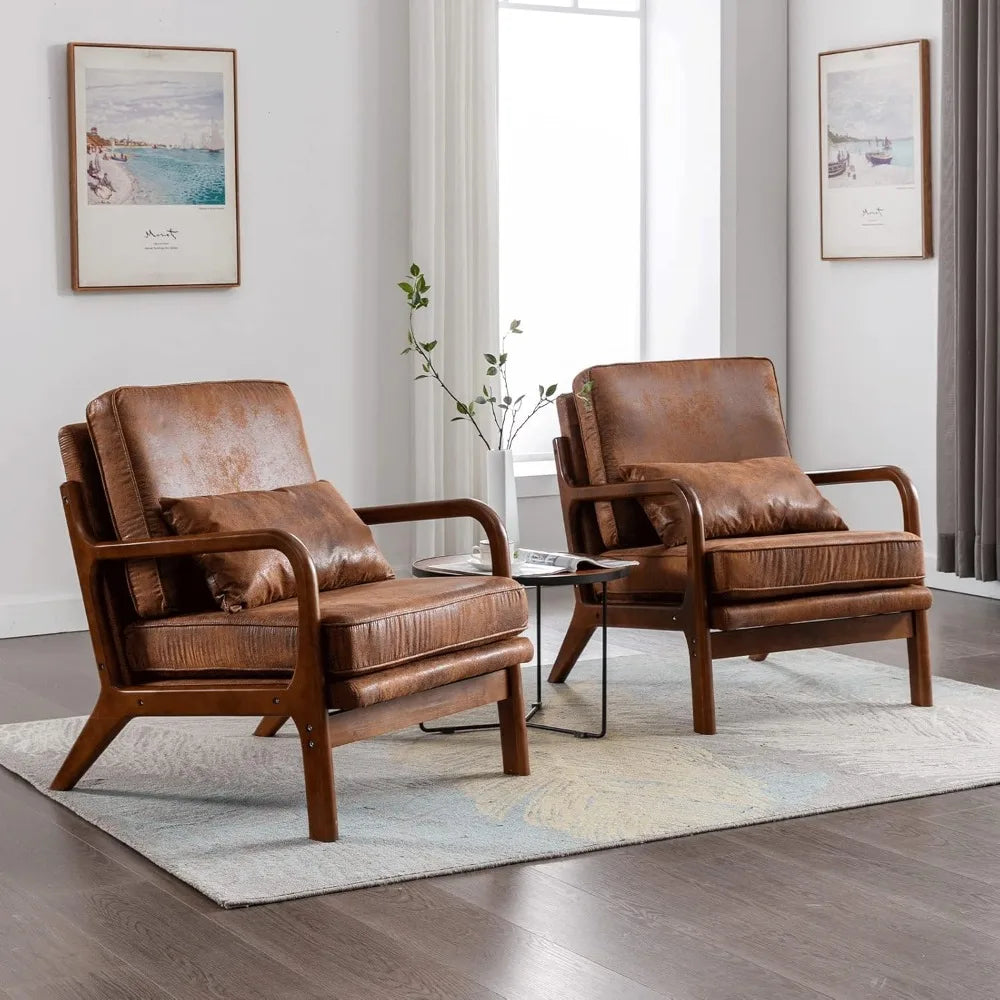 Mid Century Modern Accent Chair Set of 2 Living Room- Comfy Solid Wood Arm Chair with Lumber Pillow Lounge Decorative Brown