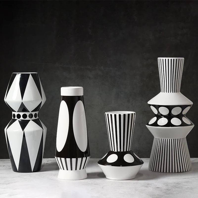 Ceramic Vase Scandinavian Geometric Vase Black and White Striped Bottle Modern Home Decoration Living Room Table Countertop Vase