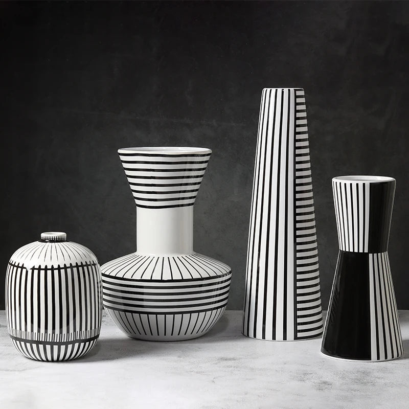 Ceramic Vase Scandinavian Geometric Vase Black and White Striped Bottle Modern Home Decoration Living Room Table Countertop Vase