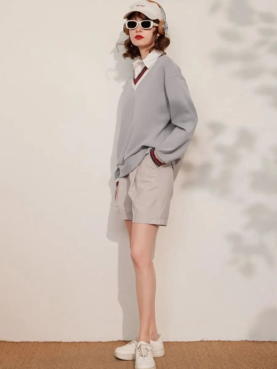 LOUIS YAO 2024 Spring Women Sweatshirt Fake Two Pieces Casual Turn Down Collar Long Sleeve Loose Fit Pullover Women's Top