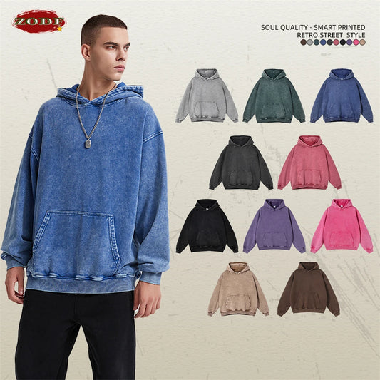 ZODF 2023 Autumn Winter Men 420gsm Hoodies Streetwears High Street Heavy Weight Washed Cotton Sweatshirts Brand Tracksuit HY0307