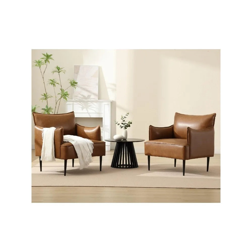 Brown Leather Accent Chairs Set of 2, Modern Club Chairs Single Sofa for Living Room Upholstered Armchair Side Chair with Black