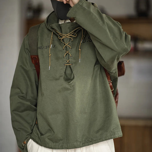 Maden Retro Green Deck Jacket Hooded Sweatshirt wtih Drawstring Collar Cuffs Adjustable Design Windbreaker Pullover for Men